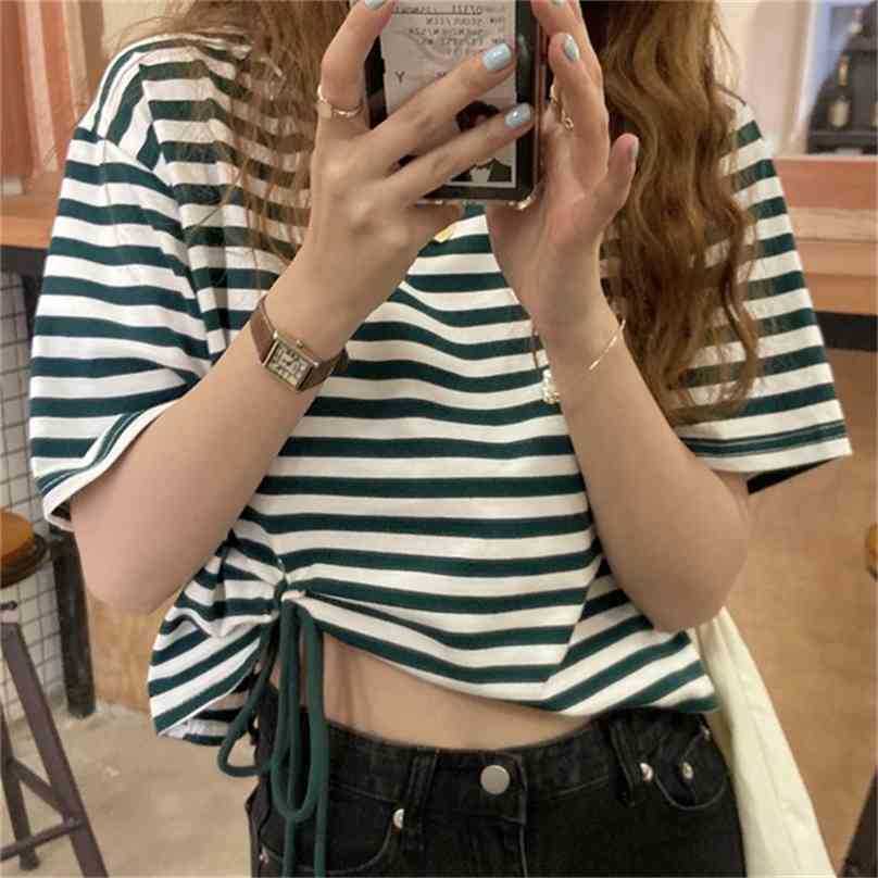 

Minimalist Striped Summer Short-Sleeved Slim High Quality Casual Tee Basewear Chic Loose Tops T-shirts 210525, Black