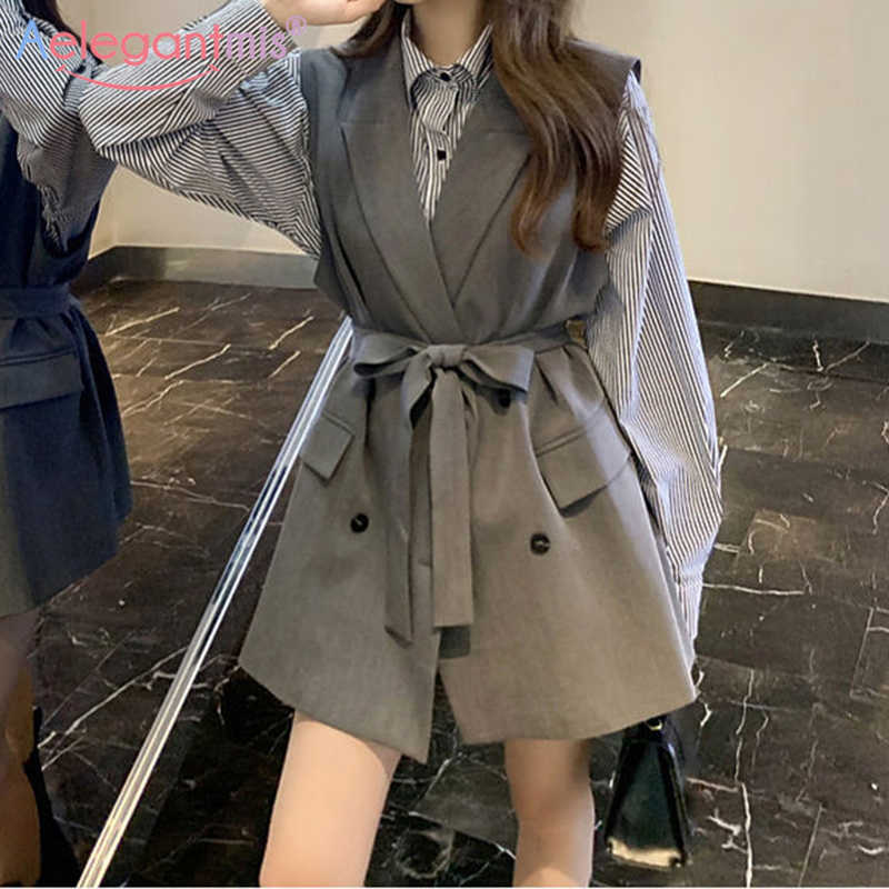 

Aelegantmis Korean Casual Blazer Vest Women with Belt Chic Loose Sleeveless Coat Vintage Office Lady Waistcoat Plus Size OL 210607, Gray