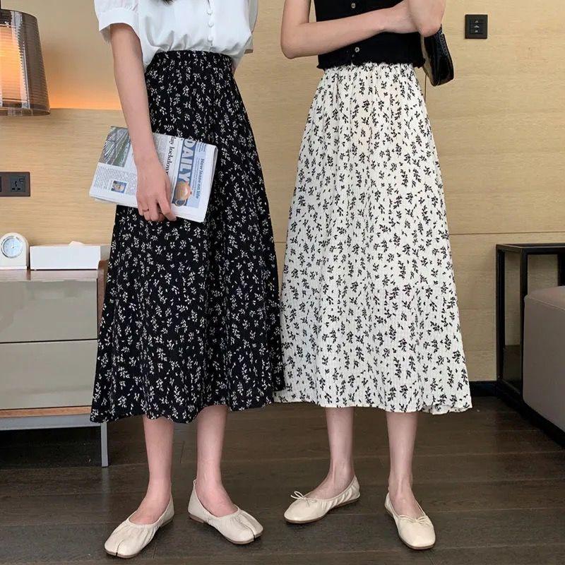 

Skirts Summer Floral Skirt Mid Length 2021 Spring And Autumn Style Slim Foreign High Waist A-line Children, Black