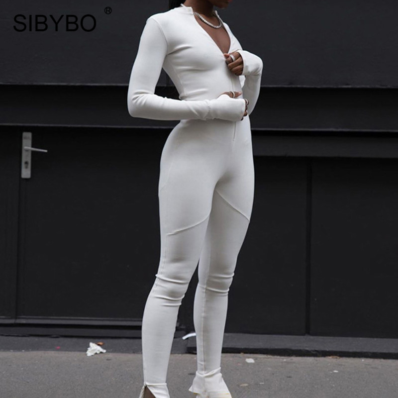 

2011sibybo spring long sleeve sport casual jumpsuit women high waist skinny rompers womens jumpsuit black ladies jumpsuits 2021, Black;white