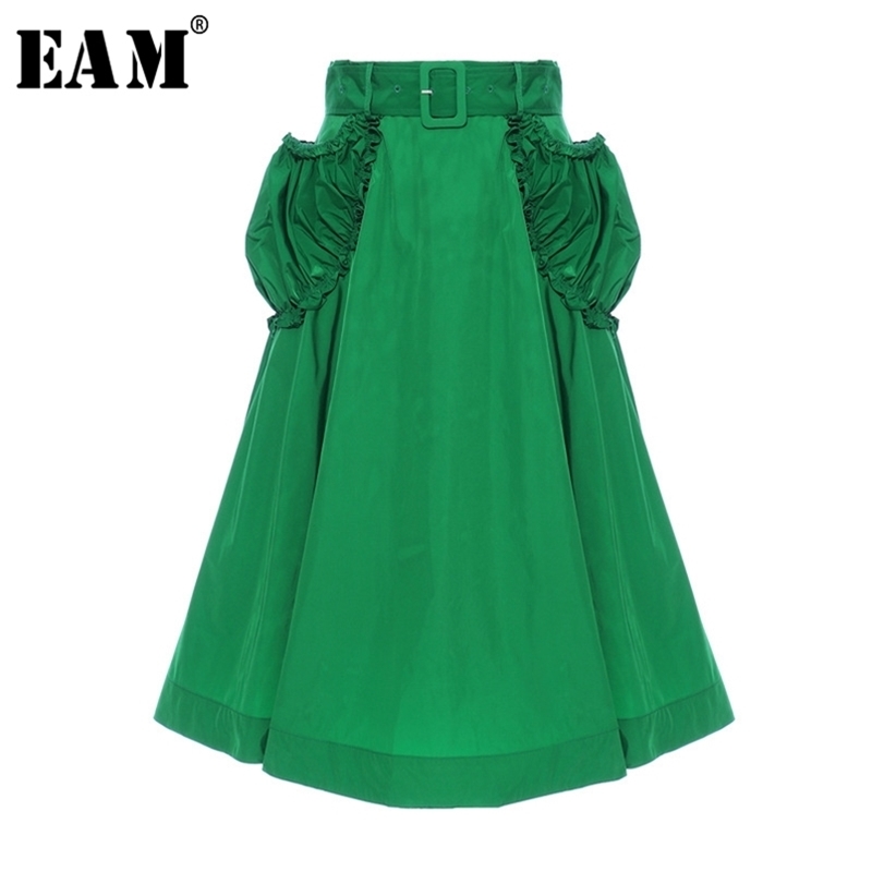 

[EAM] High Waist Green Ruffles Split Joint Pocket Temperament Half-body Skirt Women Fashion Spring Autumn 1S554 210708