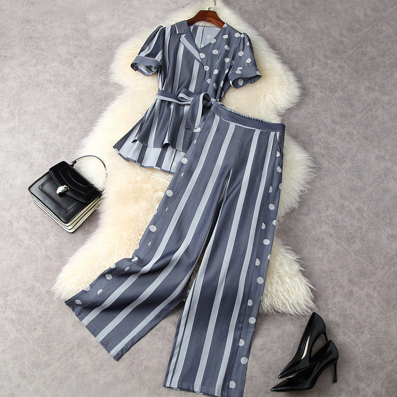 

HIGH QUALITY Summer Women's Striped Polka Dot Asymmetrical Top + Wide Leg Pants Set 210521, Blue