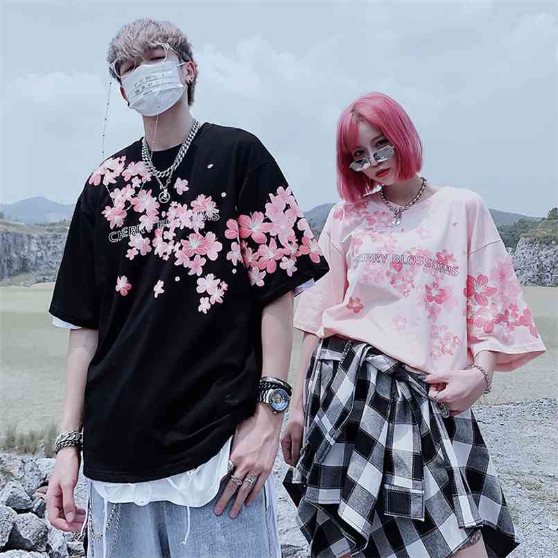 

Summer High Quality Cherry Blossom Print Short-sleeved Shirt Oversized Cotton Hip Hop Romantic Men And Women Couple T-shirt 210708, Black