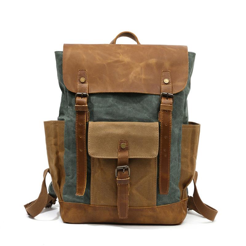 

Backpack Vintage Outdoor Men Rucksack Canvas Bag Crazy Horse Leather Travel Waxed Waterproof Laptop Packsack, Army green