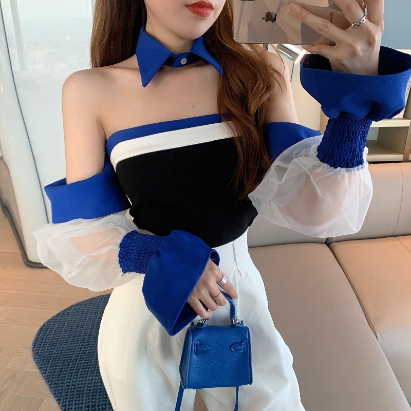 

Chic Korean Women Clothes Sexy Off shoulder Strapless Organza Stitching Tube Top Shirt Summer Flare sleeve Women's 210525, Blue