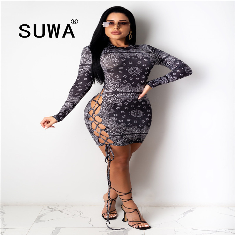 

Vintage Print Casual Women Dress Long Sleeve O Neck Hollow Out Lace Up Empire Summer Streetwear Sheath Lady Mini 210525, Red