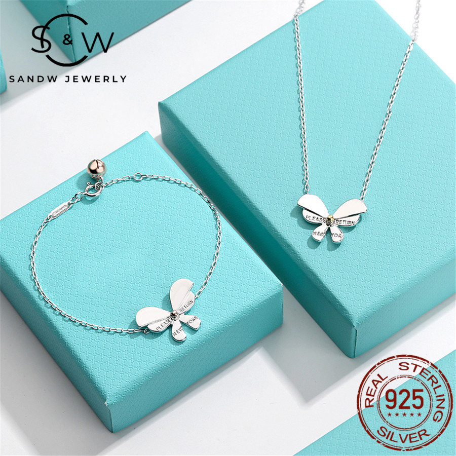 

SANDW S925 sterling silver jewelry set charm butterfly necklace bracelet Women pendant original 1:1 fashion classic holiday souvenir gift