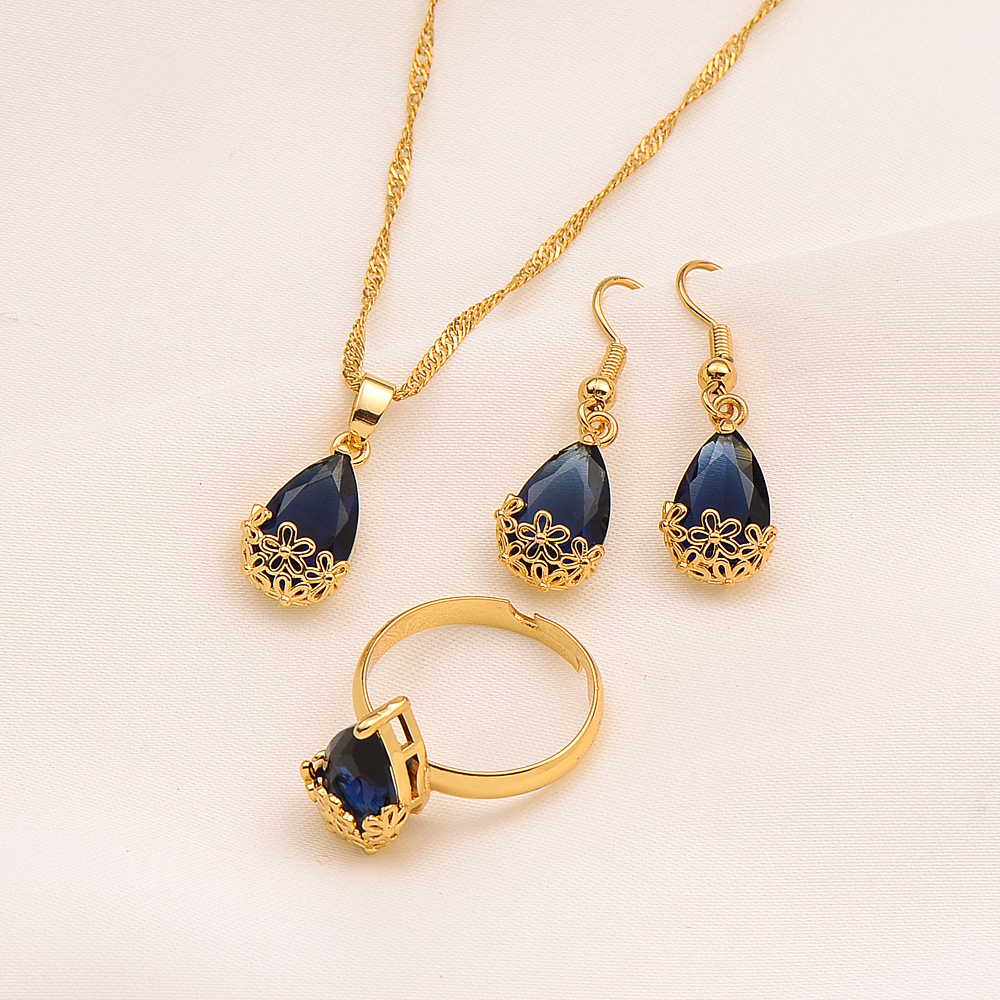 Water Drop purple Crystal Jewellery Set Pendant Necklace Earrings Ring 9K Yellow G/F Gold cz big Rectangle Gem with Channel-image-737901760
