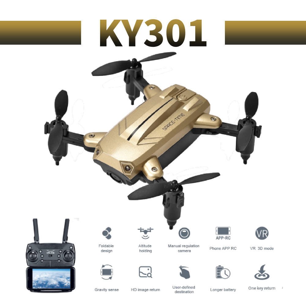 

2019 newest drone KY301 2.4G WIFI FPV Camera Altitude Hold Wifi Real-Time Aerial Drone Stylish Shape Drone RC Quadcopter to gift, Golden no camera