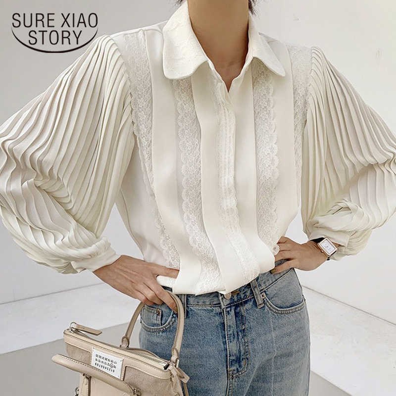 

Puff Sleeve White Blouse Women Turn-down Collar Pleated Loose Blouses Women Casual Office Lady Lace Female Shirt Tops 12637 210527, Creamy-white