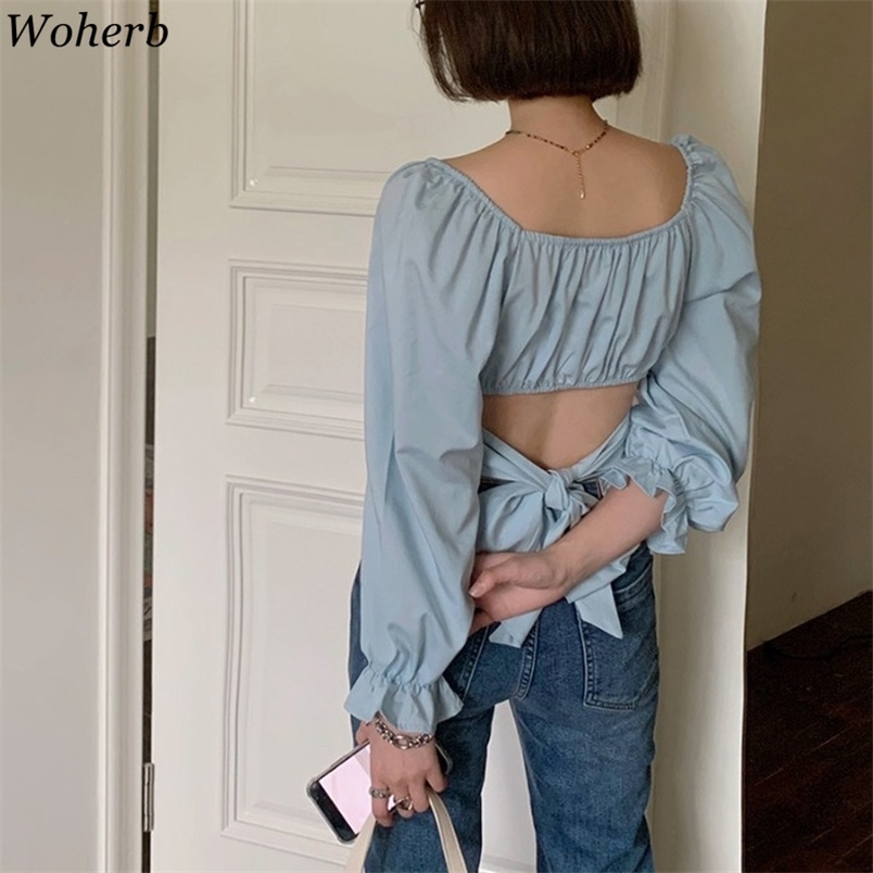 

Chic Women Shirts Long Sleeve Crop Tops Sexy Backless Blouses Korean Vintage Summer Pleated Solid Blusas Mujer 210519, Blue