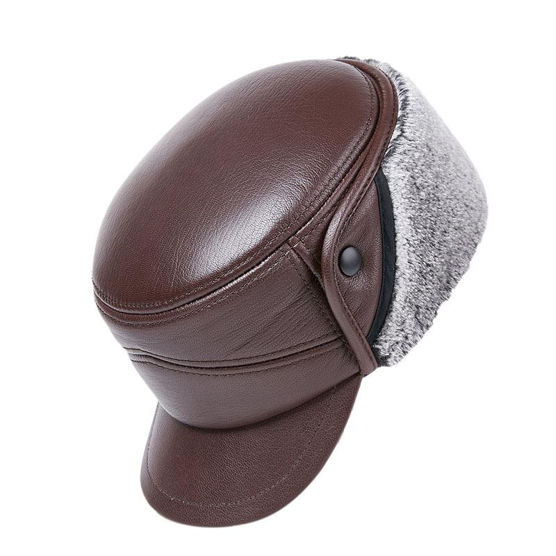 

Berets Fibonacci 2021 Top Quality Genuine Leather Military Cap Winter Middle Aged Old Age Ear Protection Sheepskin Men Army Hat, Black 1