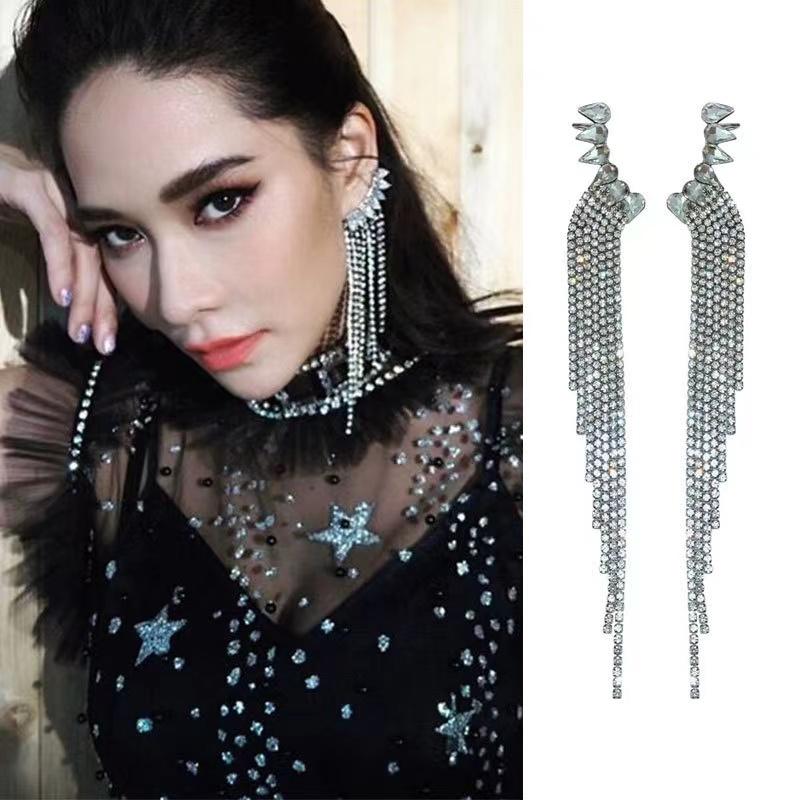

Dangle & Chandelier 2021 Classic Crystal Rhinestone Earrings Ladies Exaggerated Long Tassel Fashion Korean Jewelry, Silver