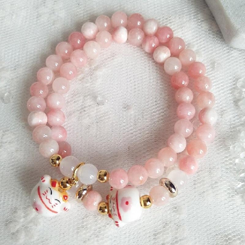 Beaded, Strands Natural Ceramics Fortune Cat Crystal Bracelet Multi Circles Fashionable Pink Stone Beads Lady's Hand String Ornaments-image-722275721