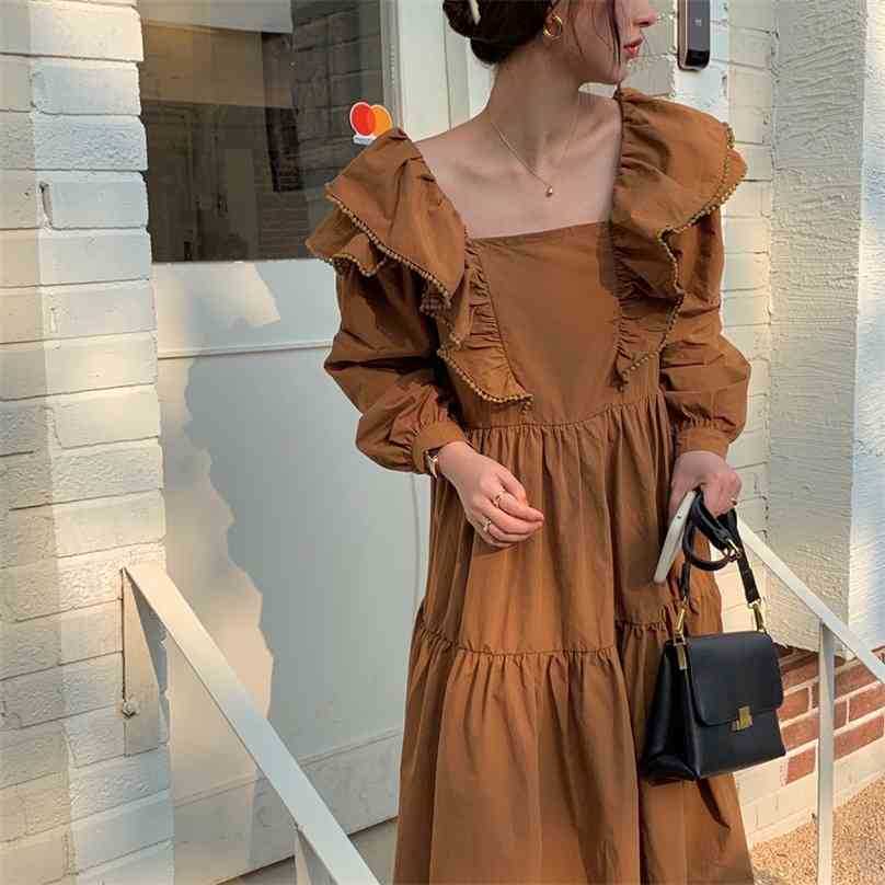 

Women French Retro Dress Ruffles Square Collar Lazy Solid Long Gentle Elegant Chic Female Fashion Clothe 210525, Black