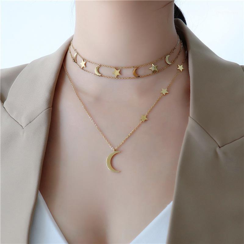 

Chains PUNKI Moon And Star Hollow Double Chain Bohemian Beach Style Necklace Women's Stackable Fashion Jewelry 2021