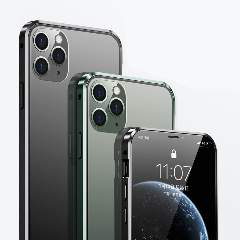 

For iPhone 12 mini Pro Max Dual Glass Magnetic Cases Adsorption Metal Bumper Clear Cover 50pcs/up, Black