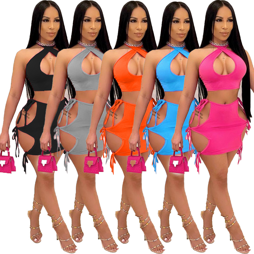 

2021 Outdoor Clothing Fashion European and American Sexy Women's Dress Hollow-Out Tie Miniskirt Two Sets Ready To Ship, Black;green