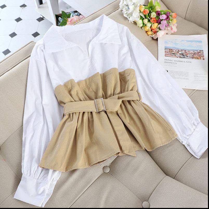 

spring Women Blouses Autumn Female Spliced Blouse Tops Long Sleeve Casual Turn down Collar Sashes white OL Loose