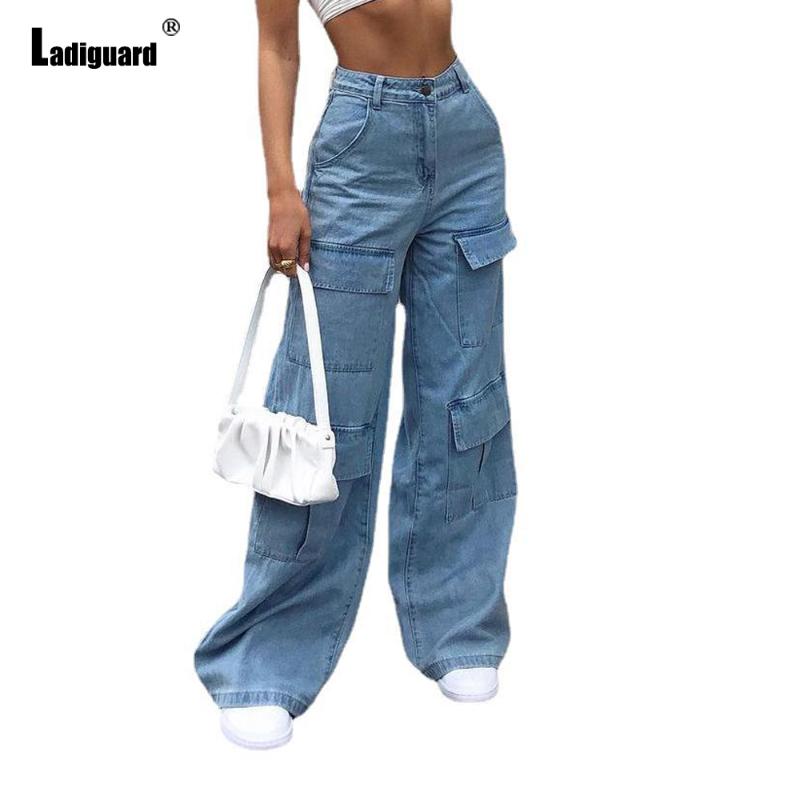 

Women's Jeans Ladiguard High Cut Women Denim Pants Girls Streetwear 2022 Straight Leg Trousers Stand Pockets Demin Harajuku 2021, Blue