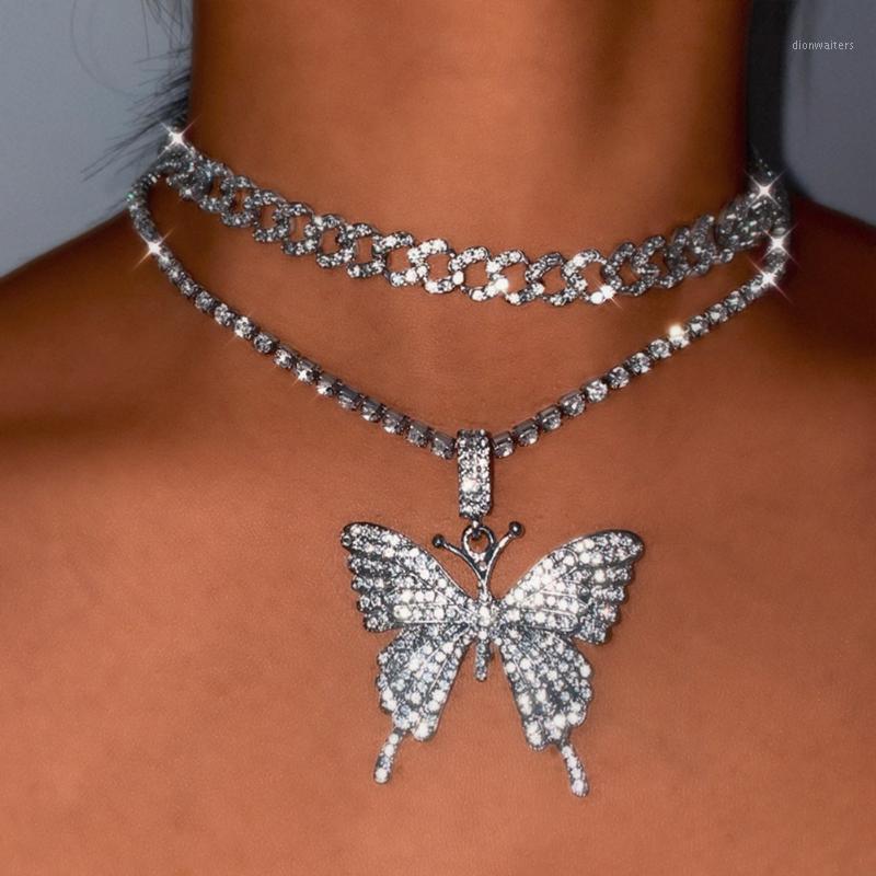

Chains Bling Iced Out Butterfly Pendant Necklace For Women Multi-layer Cuban Link Chain Rhinestone Choker 2021 Fashion Jewelry