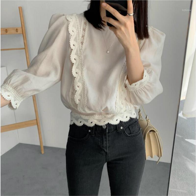 

Autumn Solid O-Neck Embroidery Blouse Office Lady Temperament Hollow Out Shirts Spring Three Quarter Puff Sleeve Women Tops, Rice apricot