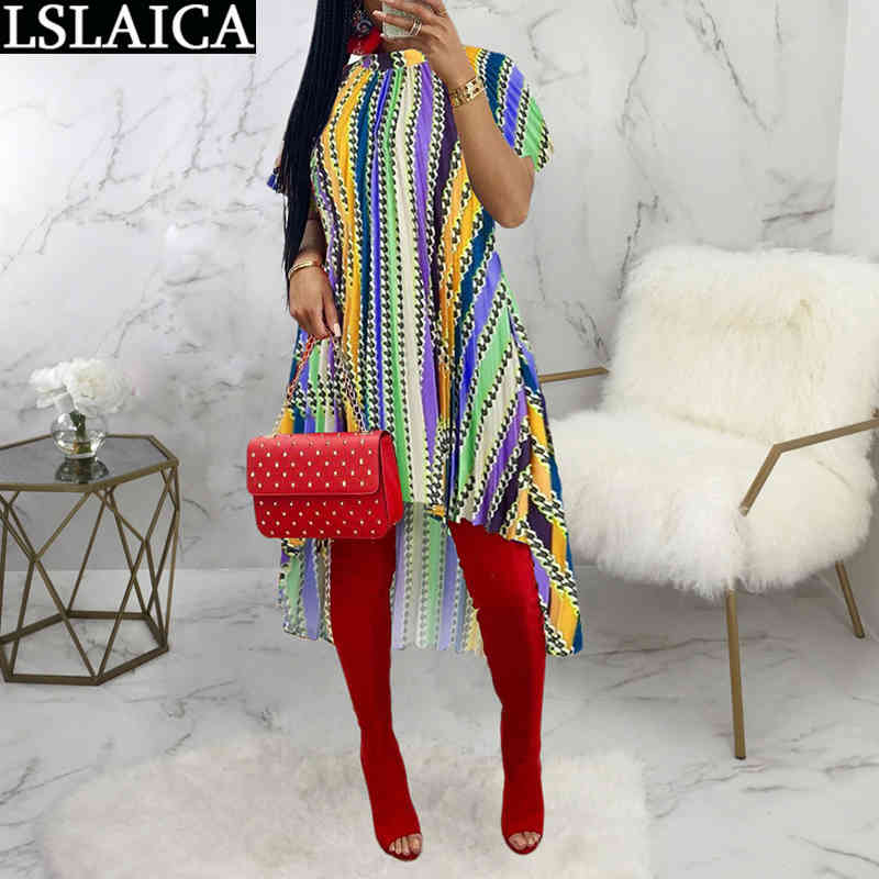 

Mid-Calf Dress Fashion Lrregular Hem Round Neck Dresses for Women Striped Printing Short Sleeve Loose Casual Kleider Damen 210520, Yellow