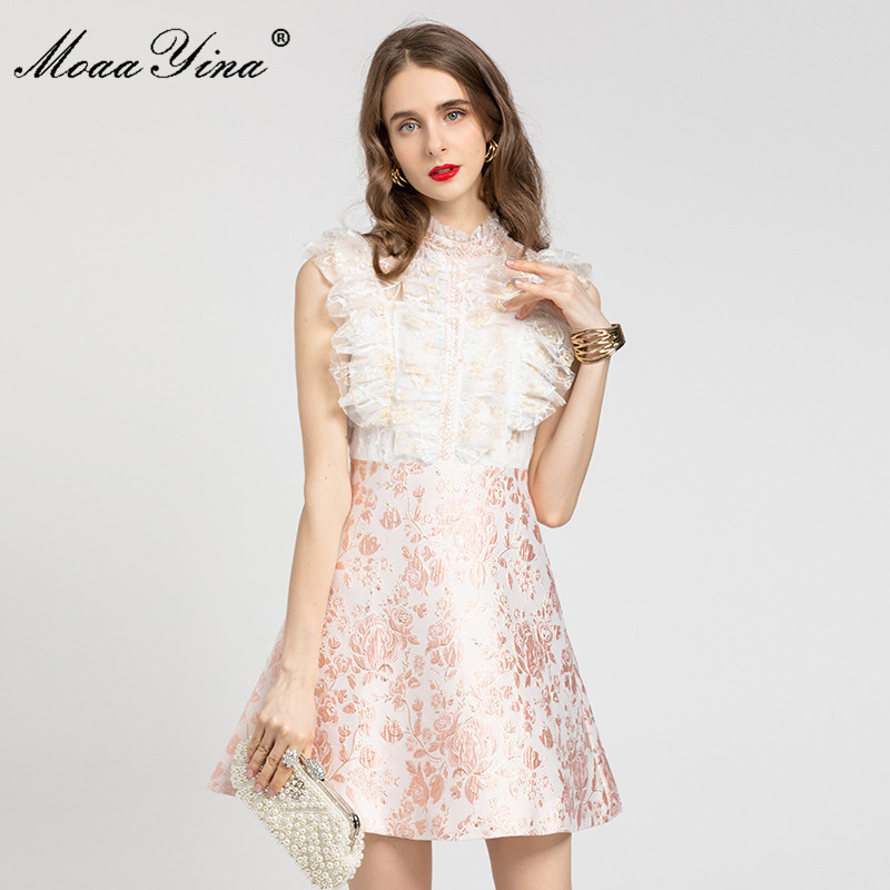 

Designer Summer Pink Party Short Dress Women Elegant Ruffles Splice Flower Print sleeveless Fashion Jacquard 210524
