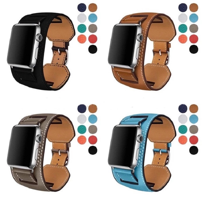 

Genuine leather Cuff Bracelet strap for apple watch 41mm 45mm 44mm 40mm 38mm 42mm Fashion Design Straps Fit iwatch Seires 7 6 SE 5 4 3 2 Wri