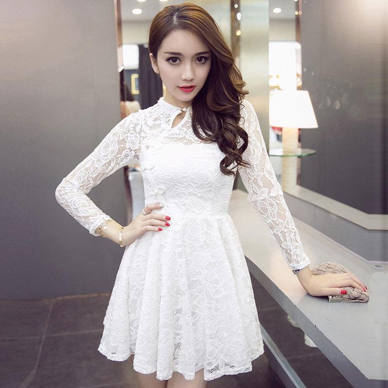 

Casual Dresses 2021 Fashion Summer Loose Women Buckle Standing Collar Lace Dress Vintage Elegant Office Long Sleeve Cotton, White