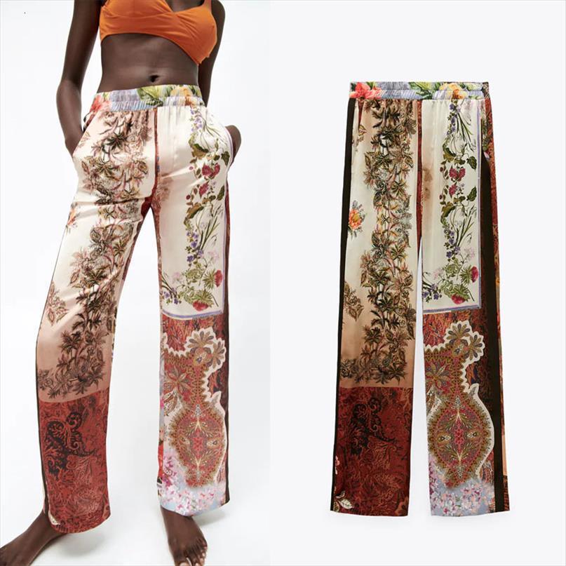 

za patchwork print vintage women pants elastic high waist summer fashion pocket beach vacation female casual trouser, Black;white