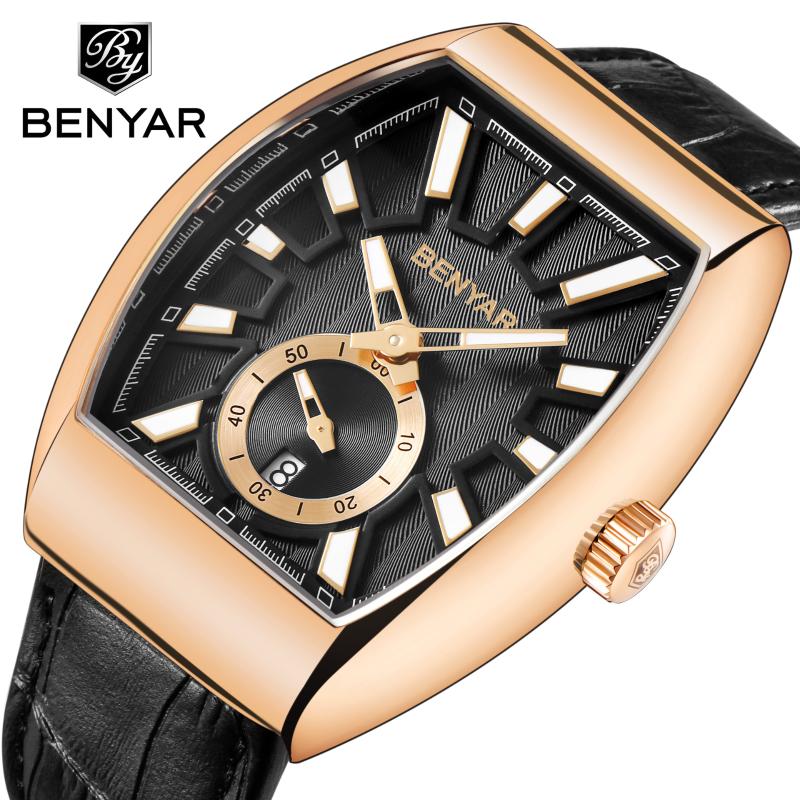 

Wristwatches BENYAR BY 5136 Brand Quartz Mens Men Military Leather Barrel Shape Sports Watch Waterproof Luxury, Silver
