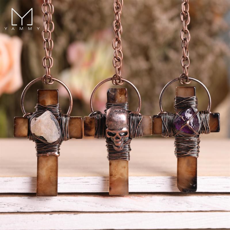 

Pendant Necklaces Yammy Brown Agate Cross Inlaid Amethyst Hoop Necklace, Bronze Chain Raw Druzy Charm For Women'S Jewelry, Silver