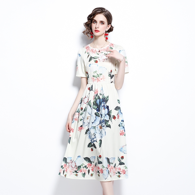 

Banulin Women Fashion Runway Vintage Midi Dress Short Sleeve Floral Print Elegant Ladies Casual A-Line Vestido N62067 210603, White