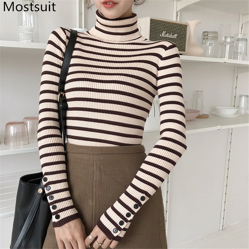 

Turtleneck Striped Knitted Pullover Sweater Women Slim Basic Full Sleeve Jumpers Korean Fashion Casual Female Tops 210518, Apricot
