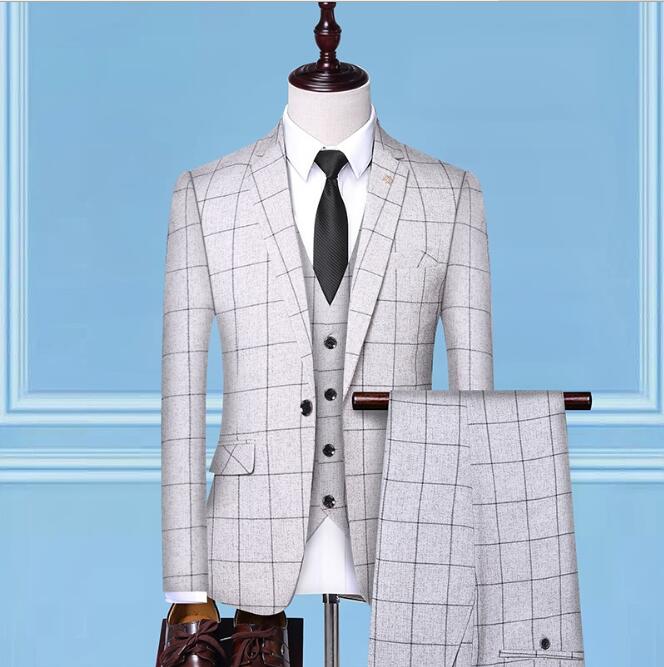 

British style suit plaid mens vest+blazer+pants fashion design high-end slim wedding banquet business suit 3 piece formal, White;black