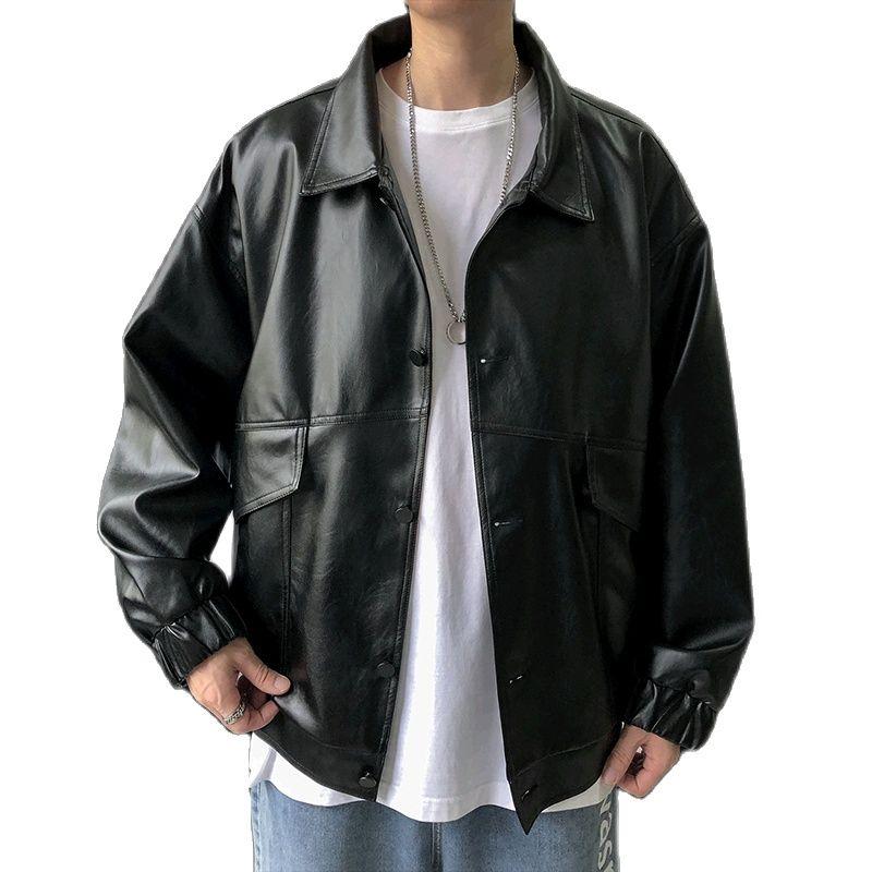 

Men's Fur & Faux 2021 Streetwear Loose Soft Leather Jacket Men Single Breasted Casual Biker Man Oversize Jackets, Black