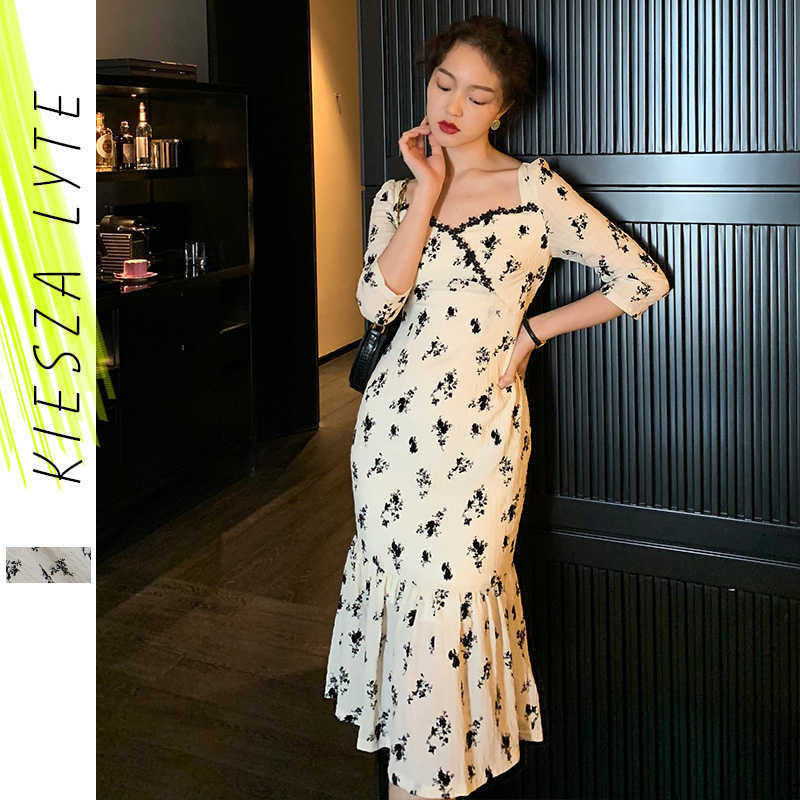 

Elegant Women Dress Fashion French Style Autumn Lace Up Sleeve Party Tunic Midi Fishtail Dresses Female Vestidos 210608, Picture color