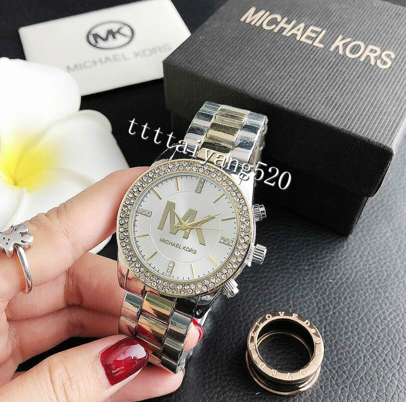 

015 michaelmkkors Fashion designer Diamond Watches women Girl Big letters women Clock Wristwatch steel band watch Quartz watch men, Black;brown