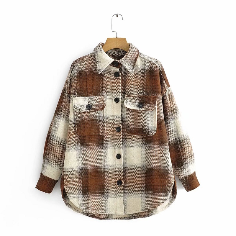 

Vintage Chic Contrast Colors Patchwork Plaid Jacket Fashion Women Pockets Lapel Collar Coat Casual Streetwear Girls Outerwear 210520, Beige