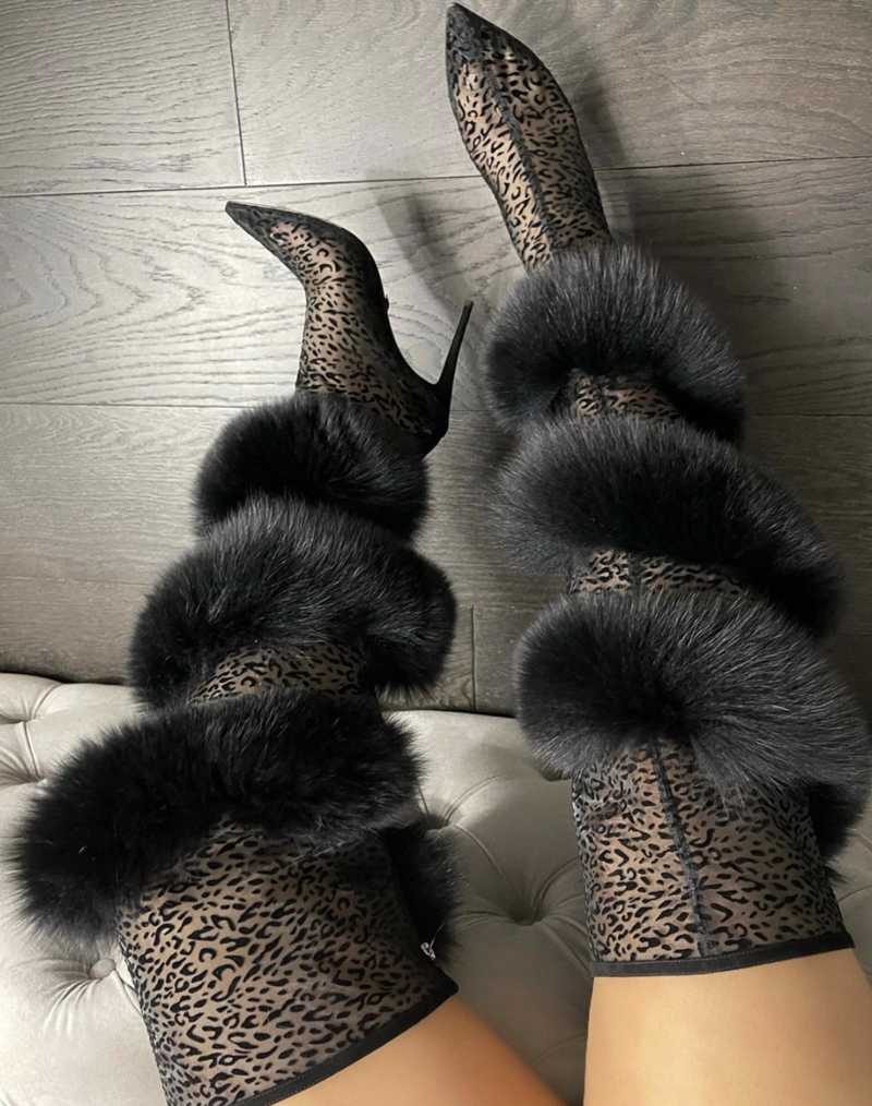 

Boots Luxury Black Soft Fur Over The Knee Pointed Toe Leopard Women Thigh High Stiletto Heels Celebrating Party Shoes