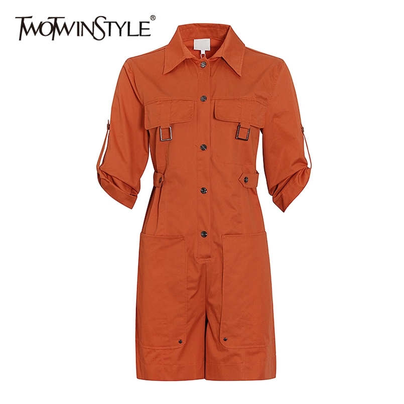 

Casual Jumpsuit For Women Lapel Collar Short Sleeve High Waist Pocket Loose Playsuits Female Fashion Summer 210521, Orange