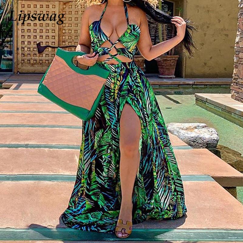 

summer print sleeveless beach long dress women elegant sling backless party dress hollow out halter high slit maxi dresseshigh quality, Black;gray