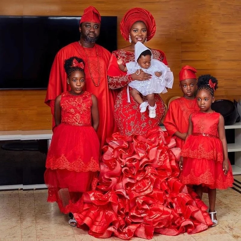 

Aso Ebi Red Mermaid Evening Dresses With Ruffles Bottom Long Sleeves Appliques Bead Formal Prom Dress Plus Size robe de soirée, Brown