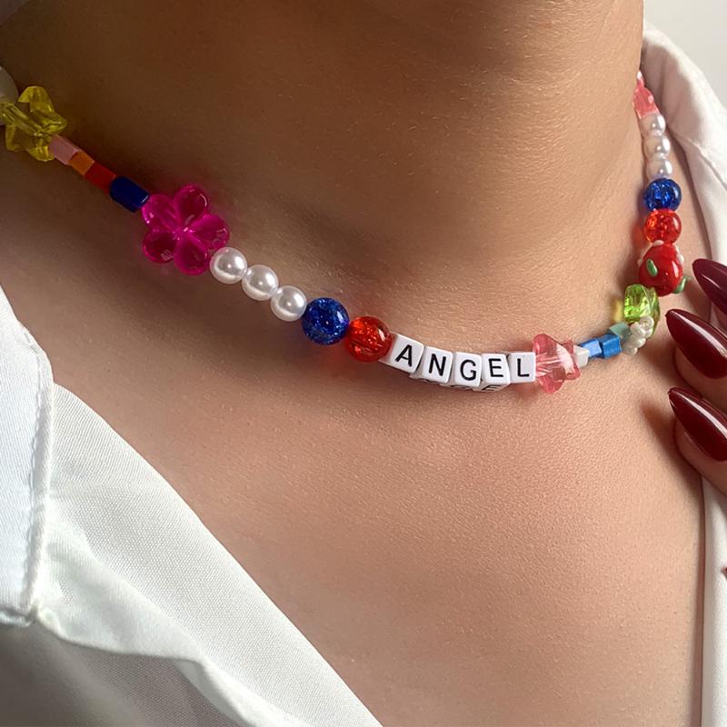 

Chokers Boho Letter Candy Transparent Flower Star Beaded Necklace For Women Geometry Beads Baroque Pearl Choker Sweet Jewelry Trend