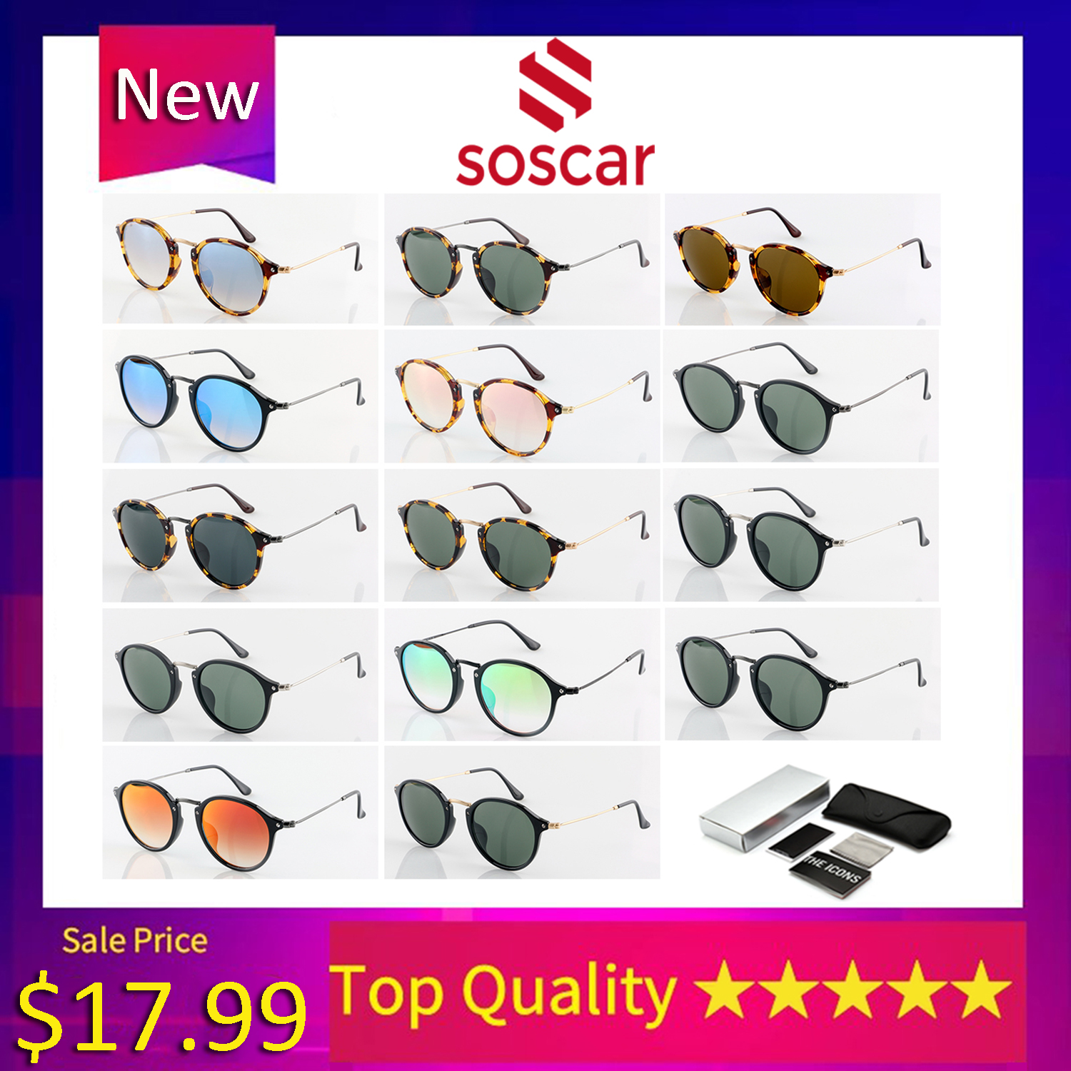 

SOSCAR Round Mirror Sunglasses for Women Men Classic Vintage Eyewear Retro Style Brand Designer Eyeglass 2447 UV400 Protection Glass Lens with Original Box Barcode