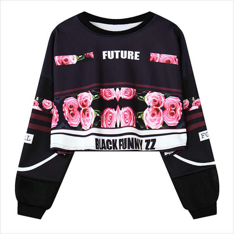 

MERRY PRETTY Women Crop Hoodies Autumn Long Sleeve O-Neck Short Pullovers For Femme Rose Print Harajuku Sweatshirt 210526, Black