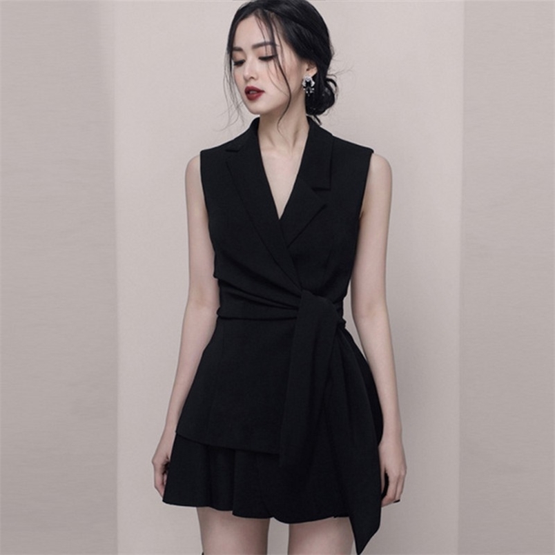 

Runway Designer Women Skirt Suits Summer Black sleeveless turn down collar Vest Tops + Mini Set Vestidos 210519