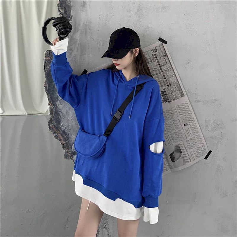 

Women hoodies Autumn Korean style stitching fried street sweatshirt women loose hole blouse fake two coats + free bag 210526, 054gray with bag