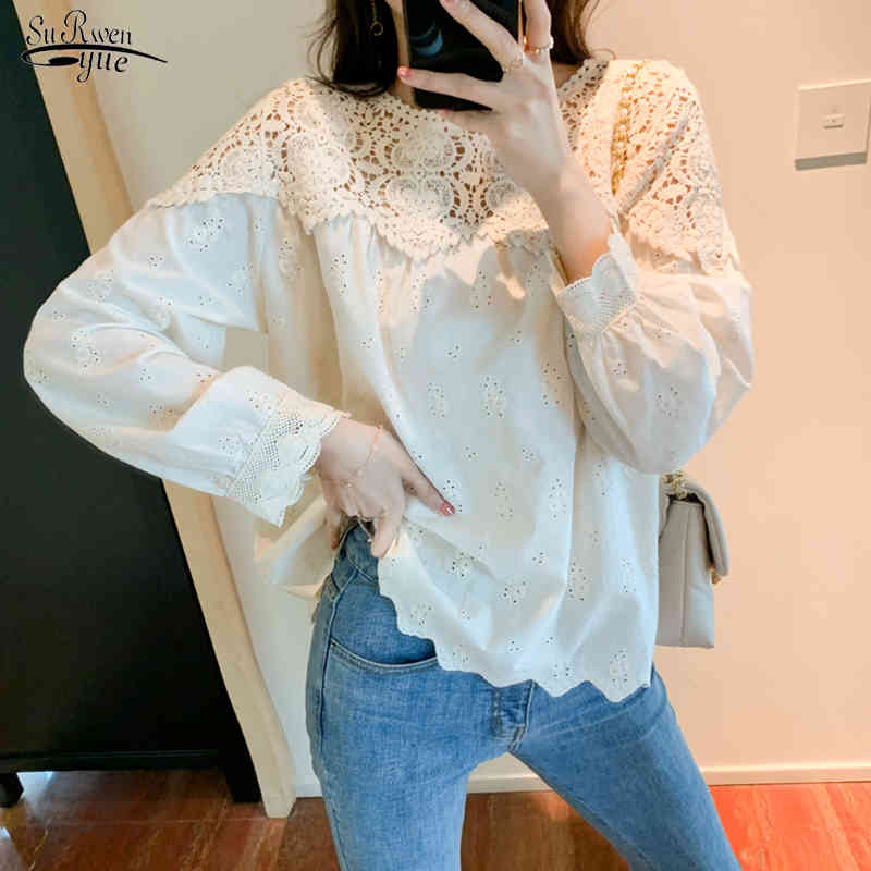 

Spring Summer Shirts For Women Chic Hollow Out Loose Women Shirt Blouses Long Sleeve Solid Casual Vinatge Blouse Tops 13262 210518, Beige